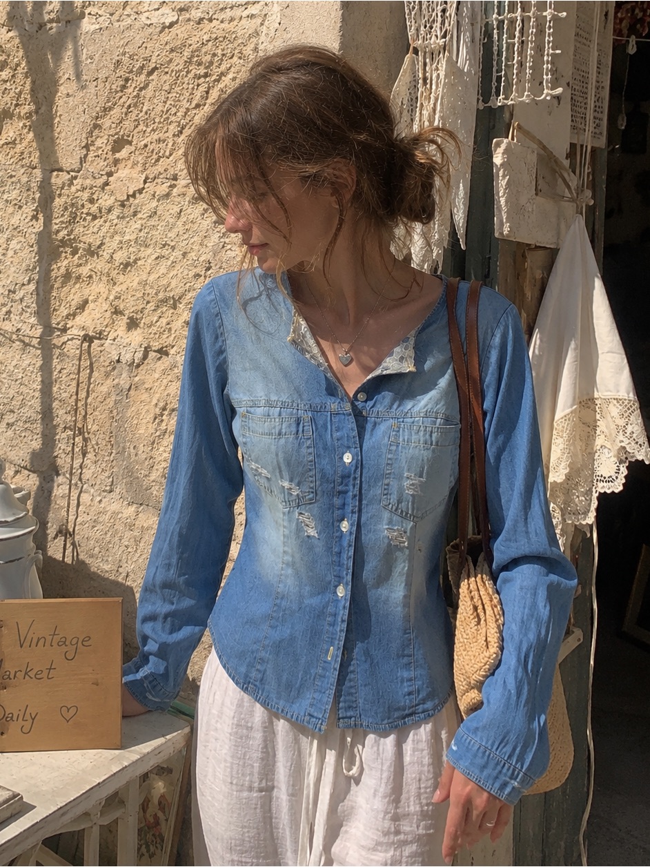 Vintage Inspired Lace Trim Denim Button Top M